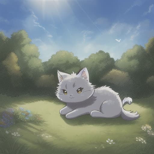  A small, fluffy grey cat playing with a colorful scribbled drawings on the ground, surrounded by green leaves and a bright sunny sky, best quality, very detailed, high resolution, sharp, sharp image, extremely detailed, (child-friendly:1.5) hyperrealistic, full body, detailed clothing, highly detailed, cinematic lighting, stunningly beautiful, intricate, sharp focus, f/1. 8, 85mm, (centered image composition), (professionally color graded), ((bright soft diffused light)), volumetric fog, trending on instagram, trending on tumblr, HDR 4K, 8K