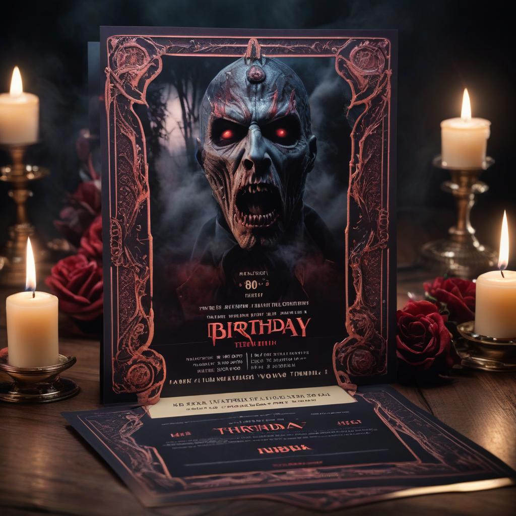  Invitation card with 80s horror movie style birthday theme. hyperrealistic, full body, detailed clothing, highly detailed, cinematic lighting, stunningly beautiful, intricate, sharp focus, f/1. 8, 85mm, (centered image composition), (professionally color graded), ((bright soft diffused light)), volumetric fog, trending on instagram, trending on tumblr, HDR 4K, 8K