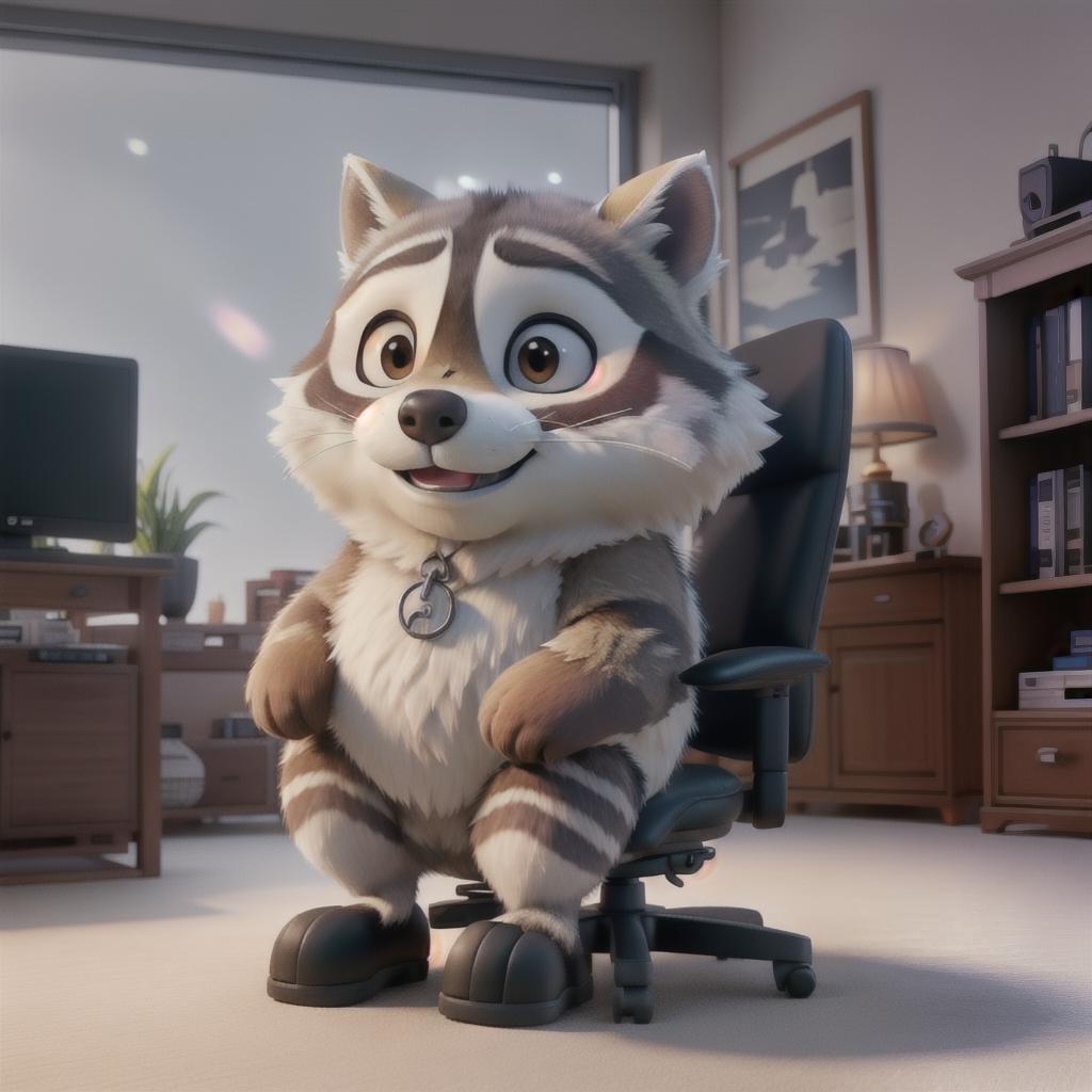  raccoon sitting in gaming chair front a computer on desktop, ((semi anthropomorphic)),(full body), tail, belly, sitting, fat, (chubby), (((white background))), solo, desktop, gaming chair, side view,  [[[clothes]]] hyperrealistic, full body, detailed clothing, highly detailed, cinematic lighting, stunningly beautiful, intricate, sharp focus, f/1. 8, 85mm, (centered image composition), (professionally color graded), ((bright soft diffused light)), volumetric fog, trending on instagram, trending on tumblr, HDR 4K, 8K