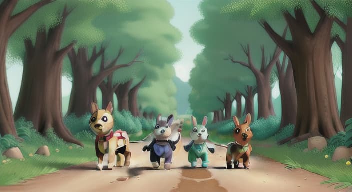  {The doggies trotting happily along a winding path in the woods., Max leads the way, Bella follows closely, and Buddy bounces around like a little bunny.