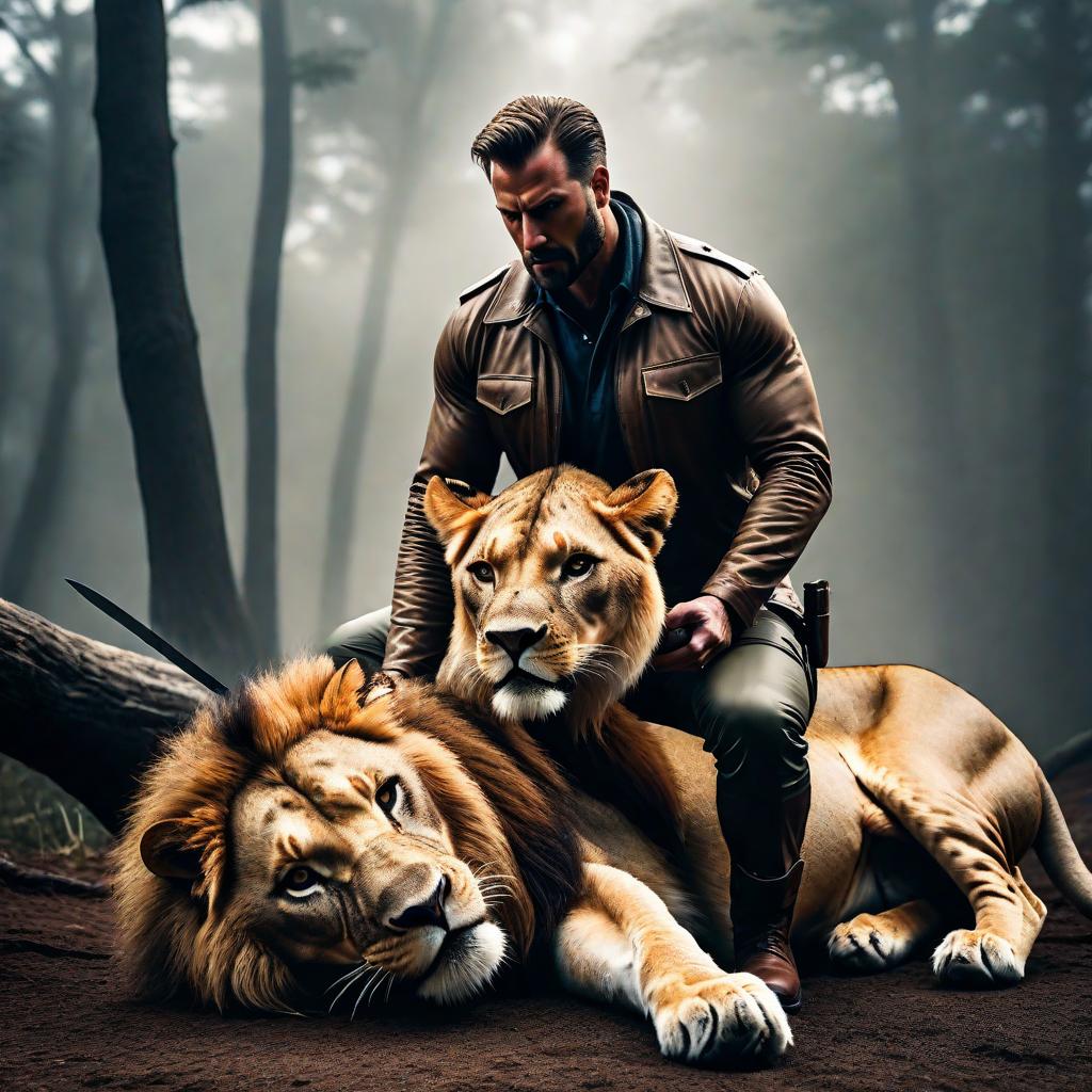  I guy who is stabbing a lion. hyperrealistic, full body, detailed clothing, highly detailed, cinematic lighting, stunningly beautiful, intricate, sharp focus, f/1. 8, 85mm, (centered image composition), (professionally color graded), ((bright soft diffused light)), volumetric fog, trending on instagram, trending on tumblr, HDR 4K, 8K