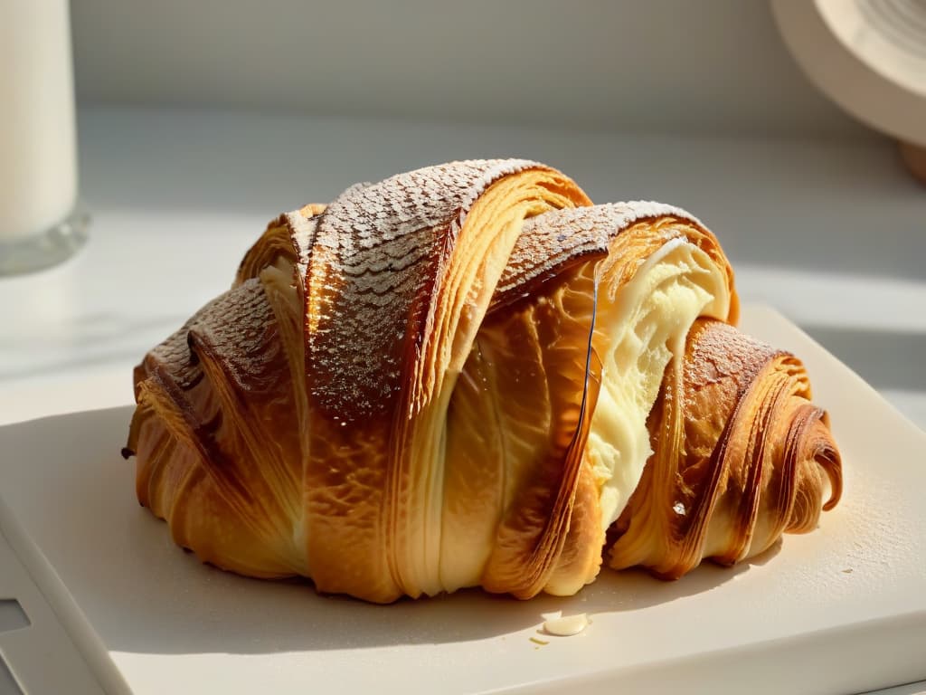  A minimalistic, ultradetailed image of a perfectly golden and flaky croissant, freshly baked and glistening with a light brush of honey, resting on a marble countertop against a backdrop of soft natural light streaming through a nearby window. Every delicate layer of the croissant is visible, showcasing the craftsmanship and skill that goes into creating this delectable pastry. hyperrealistic, full body, detailed clothing, highly detailed, cinematic lighting, stunningly beautiful, intricate, sharp focus, f/1. 8, 85mm, (centered image composition), (professionally color graded), ((bright soft diffused light)), volumetric fog, trending on instagram, trending on tumblr, HDR 4K, 8K