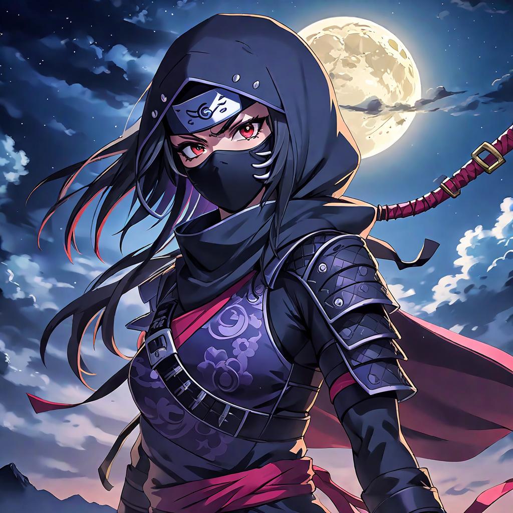  anime style artwork, (masterpiece:1.1), (highest quality:1.1), woman ninja in dark sky, moon behind, anime style, key visual, vibrant, studio anime, highly detailed