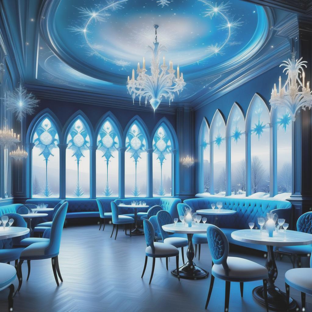  ethereal fantasy concept art of (Cafe interior). (Floor and walls):decorated with snowy intricate patterns of blue, white, silver snowflakes. (Furniture): elegant tables and chairs are forged from ice crystals and sparkle in the starlight. The windows are covered with openwork curtains made of frost. . magnificent, celestial, ethereal, painterly, epic, majestic, magical, fantasy art, cover art, dreamy hyperrealistic, full body, detailed clothing, highly detailed, cinematic lighting, stunningly beautiful, intricate, sharp focus, f/1. 8, 85mm, (centered image composition), (professionally color graded), ((bright soft diffused light)), volumetric fog, trending on instagram, trending on tumblr, HDR 4K, 8K