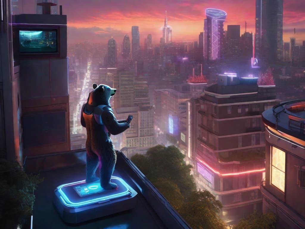  A futuristic cityscape with a sleek, robotic bear detector stationed on a rooftop, scanning the area with neon lights and advanced sensors. The city below is bustling with activity, while the AI-powered device silently keeps watch for any potential bear threats. digital art, ilustration, no flares, clean hyperrealistic, full body, detailed clothing, highly detailed, cinematic lighting, stunningly beautiful, intricate, sharp focus, f/1. 8, 85mm, (centered image composition), (professionally color graded), ((bright soft diffused light)), volumetric fog, trending on instagram, trending on tumblr, HDR 4K, 8K