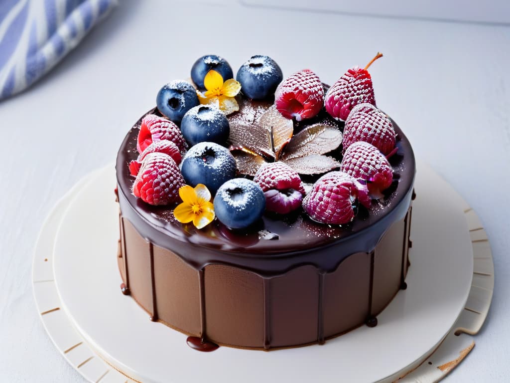  A closeup, ultradetailed image of a decadent vegan chocolate cake with a smooth, glossy ganache glaze, topped with fresh raspberries and edible flowers. The cake is placed on a sleek, modern white plate, set against a minimalist black background to emphasize the vibrant colors and textures of the dessert. hyperrealistic, full body, detailed clothing, highly detailed, cinematic lighting, stunningly beautiful, intricate, sharp focus, f/1. 8, 85mm, (centered image composition), (professionally color graded), ((bright soft diffused light)), volumetric fog, trending on instagram, trending on tumblr, HDR 4K, 8K