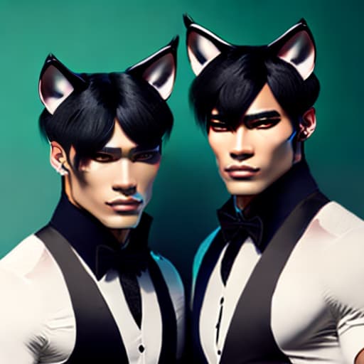 estilovintedois two twin brothers with black hair and green eyes with cat ears