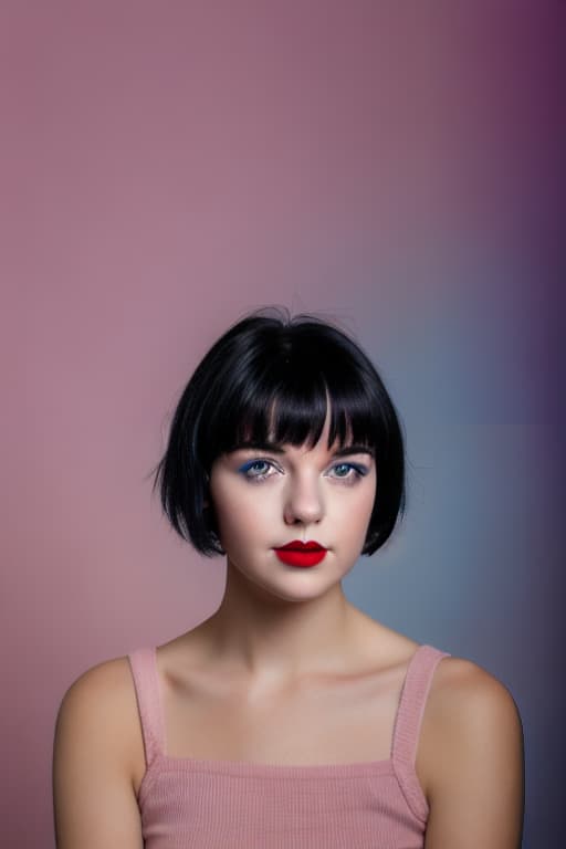  A beautiful girl,short black hair , pink lipstick,blue eyes portrait
