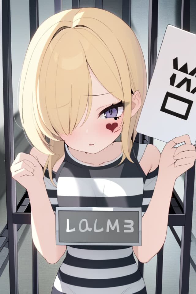  ultra detailed:1.2masterpiece:1.2,best quality,masterpiece,bestquality,hdr:1.1,8k:1.1,very cute girl:1.3,(white and black striped pattern Jumpsuit:1.3),prison:1.3,(front iron grate:1.3) ,hands up :1.1,(holding name plate:1.3),blonde hair:1.3,heart tattoo under one eye:1.2,upper body:1.1,multi shot:1.4,into prison