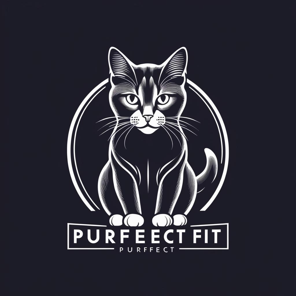  Logo, T-shirt of a minimalistic cat with the written text “PURFECT FIT” written underneath