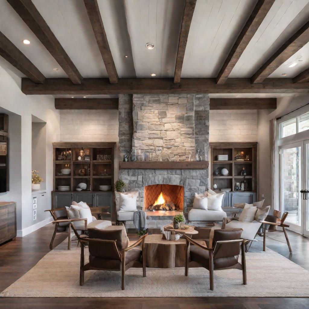   Design a cozy den with exposed wooden beams, a stone fireplace, and leather armchairs for a refined yet rustic feel. 8k, cinematic lighting, HDR