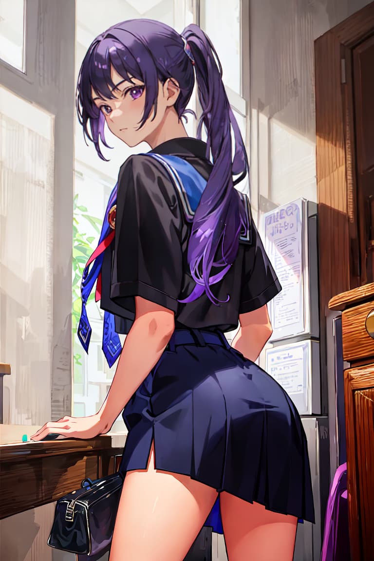  master piece , best quality,High school boy, blue school run, black hair, all back, purple hair, delinquent