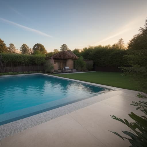  backyard pool with a creative and aesthetically pleasing border to separate it from the driveway, incorporate a layout area that is inviting, photorealistic, high quality, hyper realistic, clear features, highly detailed, natural lighting, sharp focus, HDR 4K, 8K