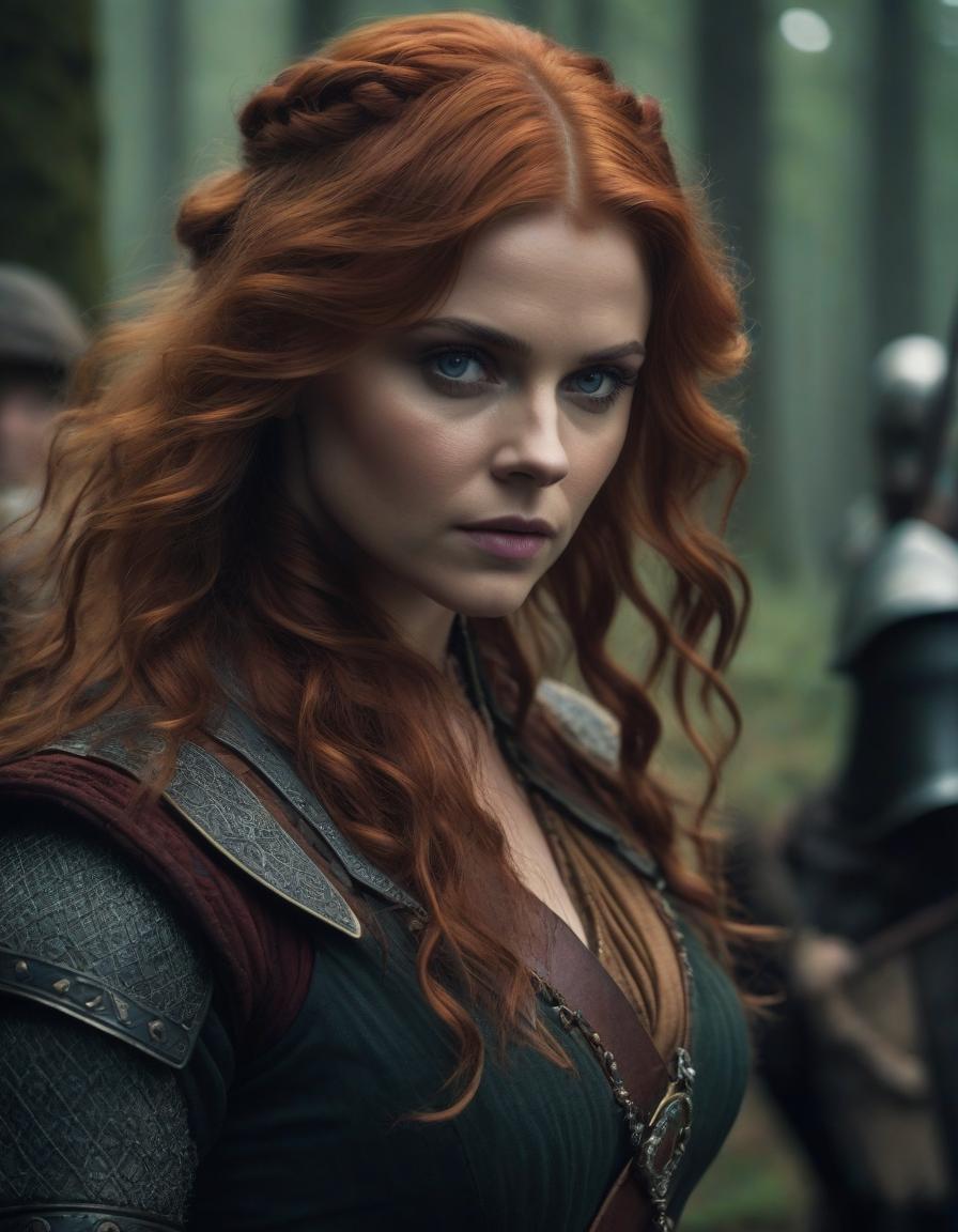  cinematic film still The Tudor era, a tragic frame from the film, the most detailed image, emphasis on faces, Chloe Grace Moretz with light red long curly hair, dressed as Triss Merrigold from the game The Witcher 3 in anger leads an attack of armed warrior knights, maximum detail, small details, especially carefully drawn faces and emotions, the strictest matching the request, historical costumes are reproduced as accurately as possible, weak dramatic lighting, mud, heavy rain, dark dense gloomy forest around, . shallow depth of field, vignette, highly detailed, high budget, bokeh, cinemascope, moody, epic, gorgeous, film grain, grainy hyperrealistic, full body, detailed clothing, highly detailed, cinematic lighting, stunningly beautiful, intricate, sharp focus, f/1. 8, 85mm, (centered image composition), (professionally color graded), ((bright soft diffused light)), volumetric fog, trending on instagram, trending on tumblr, HDR 4K, 8K