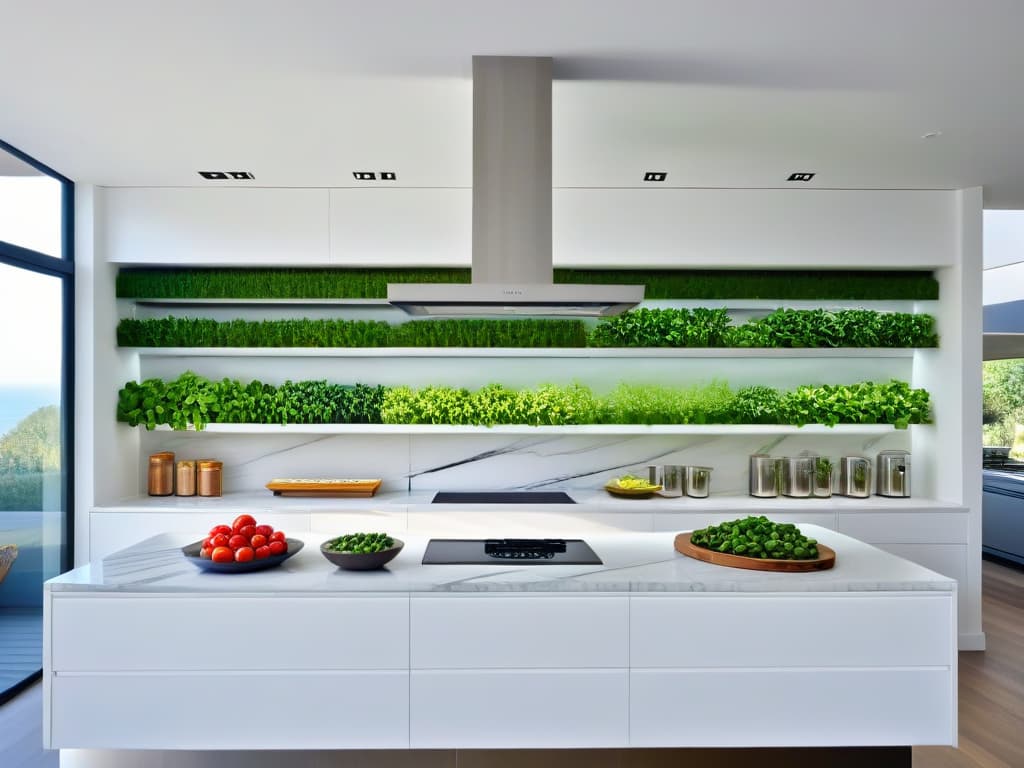  An ultradetailed image of a sleek, modern kitchen with clean lines, minimalist white cabinets, stainless steel appliances, and a large marble island with neatly organized cooking utensils, spice jars, and fresh produce arranged meticulously. The sunlight streaming in through a large window highlights the impeccable organization and efficiency of the space, reflecting a professional and inspiring atmosphere for culinary management. hyperrealistic, full body, detailed clothing, highly detailed, cinematic lighting, stunningly beautiful, intricate, sharp focus, f/1. 8, 85mm, (centered image composition), (professionally color graded), ((bright soft diffused light)), volumetric fog, trending on instagram, trending on tumblr, HDR 4K, 8K