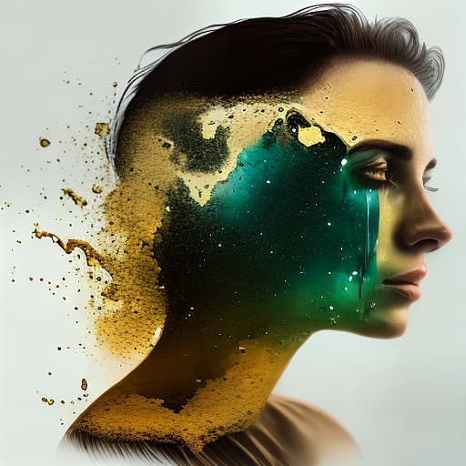 dublex style dripping golden paint across the shape of a female human, realistic , high detail, on a white background