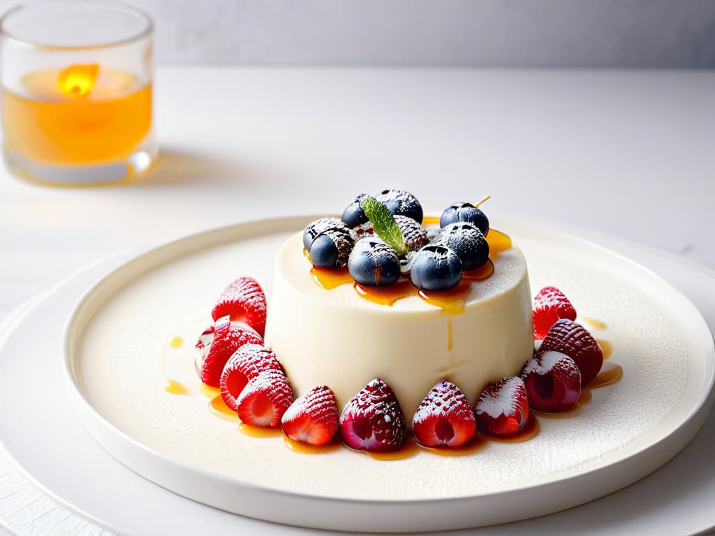  An elegant and minimalistic closeup shot of a creamy panna cotta dessert topped with vibrant red berries and a drizzle of golden honey, all presented on a sleek, modern white plate against a soft focus background that hints at a stylish kitchen setting. The texture of the dessert should be smooth and velvety, with the berries glistening under soft lighting, evoking a sense of indulgence and sophistication. hyperrealistic, full body, detailed clothing, highly detailed, cinematic lighting, stunningly beautiful, intricate, sharp focus, f/1. 8, 85mm, (centered image composition), (professionally color graded), ((bright soft diffused light)), volumetric fog, trending on instagram, trending on tumblr, HDR 4K, 8K