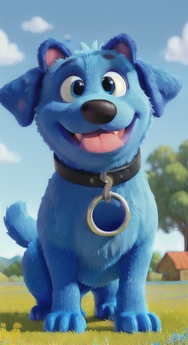  {A happy, big blue dog wagging its tail in a colorful meadow, The big blue dog is large with sky blue fur, big round eyes, a black nose, and floppy ears.