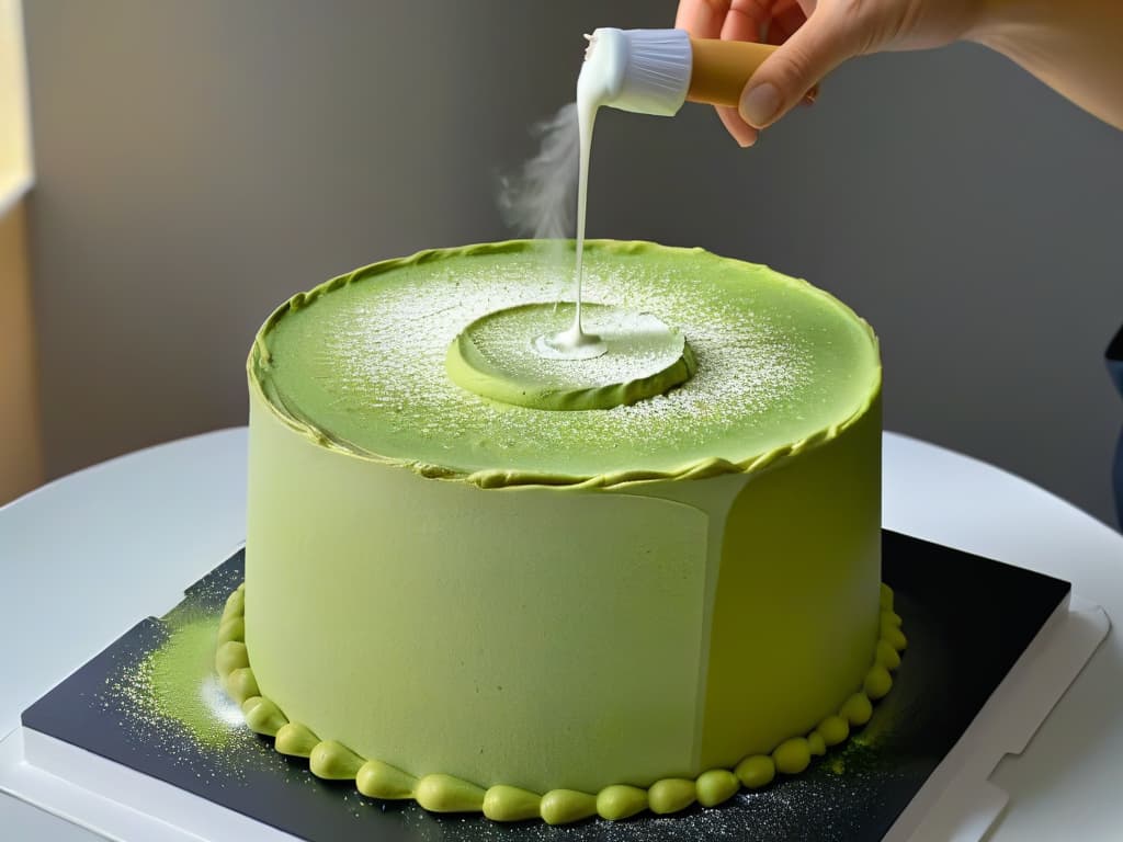  A closeup, ultradetailed image of a hand sprinkling vibrant green matcha powder onto a perfectly smooth and creamy cheesecake, with the powder gently falling like a fine mist, creating a mesmerizing pattern on the surface. The contrast between the rich, creamy texture of the cheesecake and the vivid green of the matcha powder creates a visually striking and appetizing minimalist composition. hyperrealistic, full body, detailed clothing, highly detailed, cinematic lighting, stunningly beautiful, intricate, sharp focus, f/1. 8, 85mm, (centered image composition), (professionally color graded), ((bright soft diffused light)), volumetric fog, trending on instagram, trending on tumblr, HDR 4K, 8K