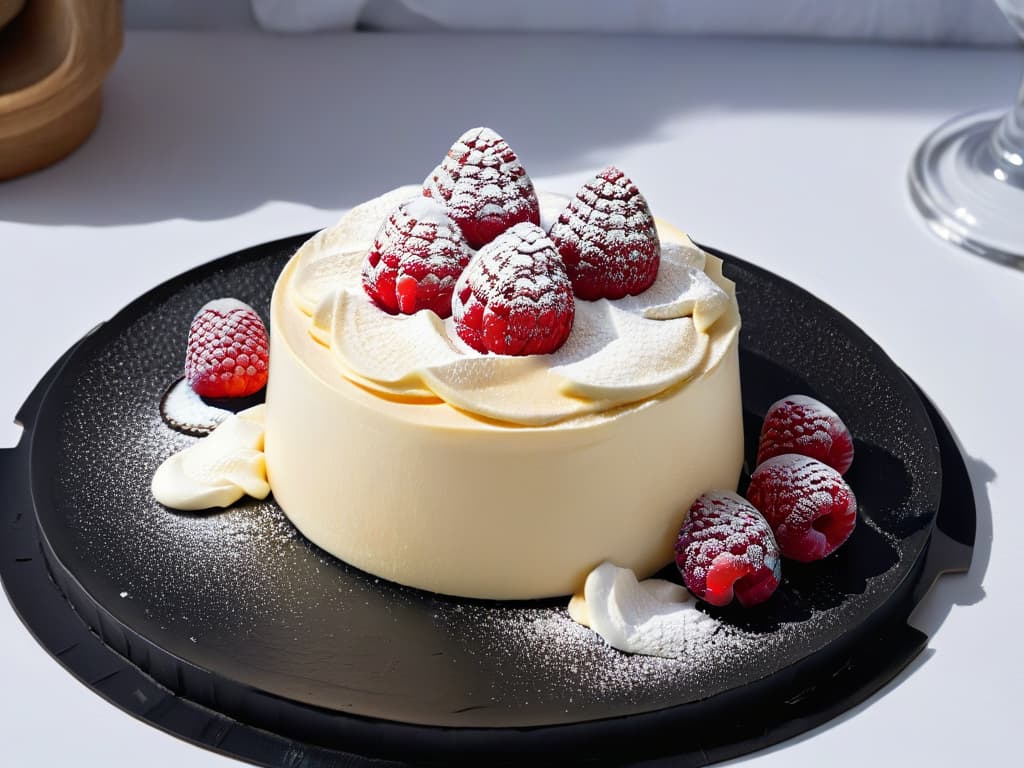  A closeup, ultradetailed image of a single tartaleta placed on a sleek, modern, matte black plate. The tartaleta features delicate layers of perfectly piped cream, garnished with a single vibrant raspberry balanced on top. The plate rests on a smooth, reflective surface, casting a subtle, elegant reflection. The lighting is soft, emphasizing the minimalist design and highlighting the intricate textures of the dessert. hyperrealistic, full body, detailed clothing, highly detailed, cinematic lighting, stunningly beautiful, intricate, sharp focus, f/1. 8, 85mm, (centered image composition), (professionally color graded), ((bright soft diffused light)), volumetric fog, trending on instagram, trending on tumblr, HDR 4K, 8K