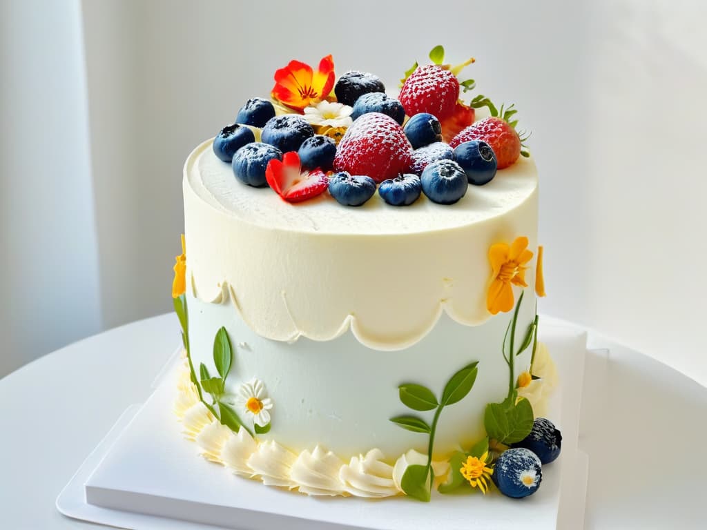  An ultradetailed closeup image of a delicate, intricately decorated glutenfree cake made with alternative flours, showcasing vibrant colors and intricate piping details on a white minimalist background. The cake features layers of different textures and flavors, topped with fresh berries and edible flowers, exuding elegance and artistry in its design. hyperrealistic, full body, detailed clothing, highly detailed, cinematic lighting, stunningly beautiful, intricate, sharp focus, f/1. 8, 85mm, (centered image composition), (professionally color graded), ((bright soft diffused light)), volumetric fog, trending on instagram, trending on tumblr, HDR 4K, 8K