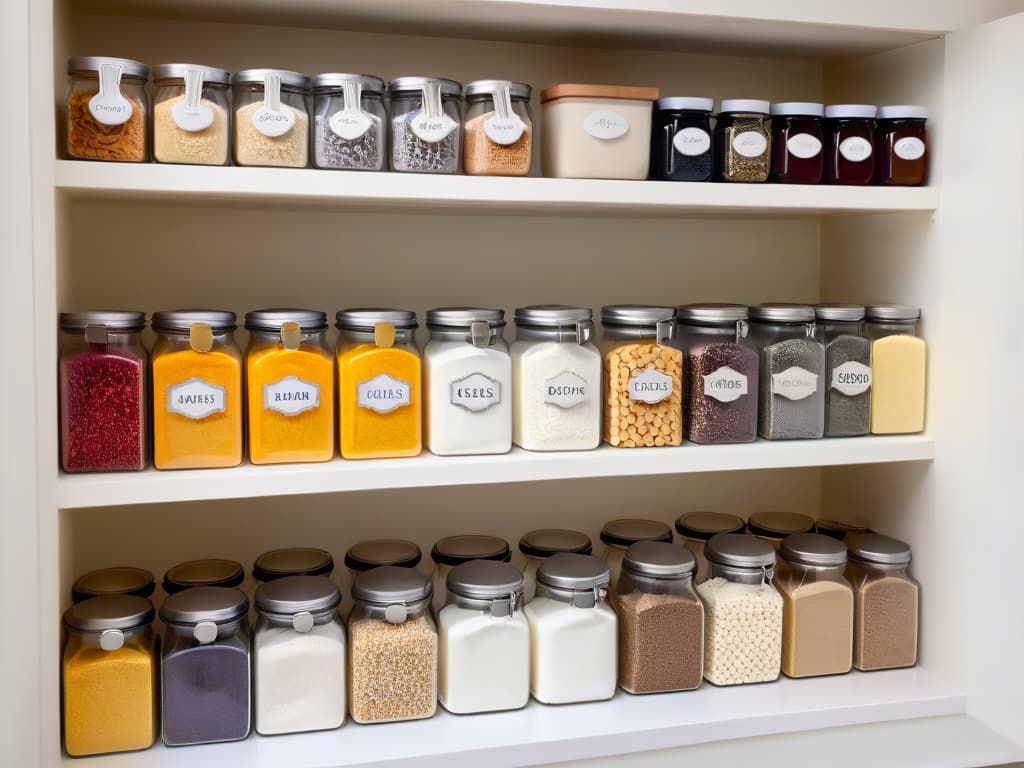  A minimalistic image of a perfectly organized pantry for baking supplies, featuring neatly labeled glass jars filled with colorful sprinkles, assorted nuts, and various types of flour. The labels are elegantly designed with calligraphy, and the jars are arranged in a symmetrical pattern on sleek open shelves against a clean, white backdrop. The soft natural light gently illuminates the scene, creating a serene and inspiring atmosphere for creative baking endeavors. hyperrealistic, full body, detailed clothing, highly detailed, cinematic lighting, stunningly beautiful, intricate, sharp focus, f/1. 8, 85mm, (centered image composition), (professionally color graded), ((bright soft diffused light)), volumetric fog, trending on instagram, trending on tumblr, HDR 4K, 8K