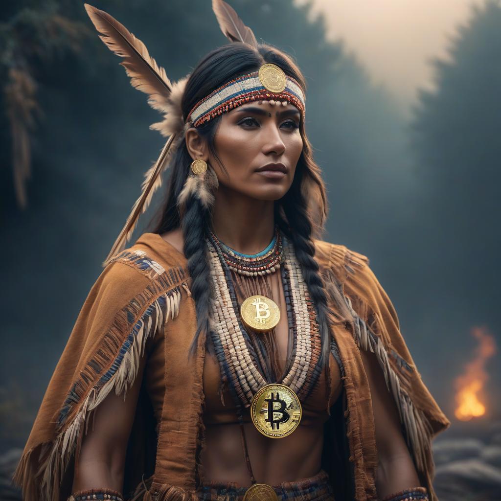  Bitcoin Native American hyperrealistic, full body, detailed clothing, highly detailed, cinematic lighting, stunningly beautiful, intricate, sharp focus, f/1. 8, 85mm, (centered image composition), (professionally color graded), ((bright soft diffused light)), volumetric fog, trending on instagram, trending on tumblr, HDR 4K, 8K