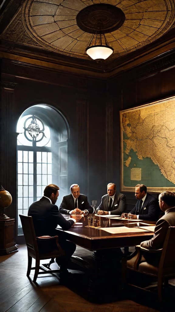  (A dimly lit, underground meeting room in an opulent, early 20th century setting. A group of well dressed, serious looking industry elites are gathered around a large, mahogany table, engaged in a conspiratorial discussion. The room is adorned with old maps, documents, and technological schematics, hinting at the sinister plot to erase the Tartarian Empire from history.) hyperrealistic, full body, detailed clothing, highly detailed, cinematic lighting, stunningly beautiful, intricate, sharp focus, f/1. 8, 85mm, (centered image composition), (professionally color graded), ((bright soft diffused light)), volumetric fog, trending on instagram, trending on tumblr, HDR 4K, 8K