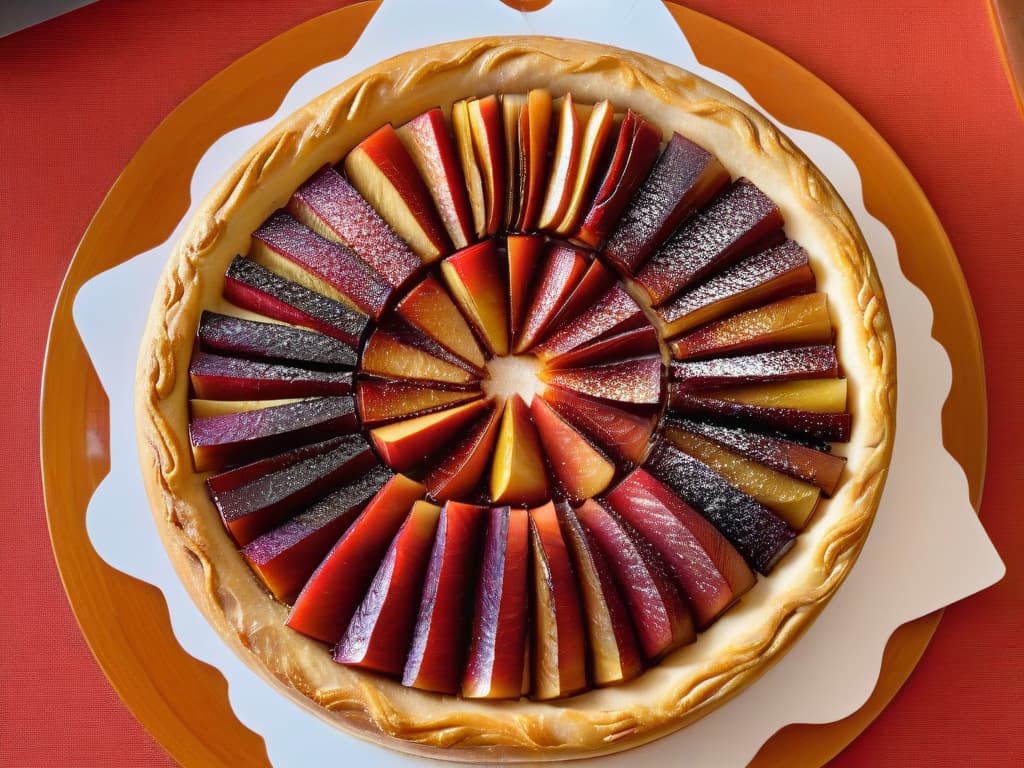  A closeup, ultradetailed image of perfectly caramelized apple slices arranged in a circular pattern over a buttery, goldenbrown pastry base. The apples glisten with a glossy caramel glaze, highlighting their intricate layers and the flaky texture of the pastry underneath. The image captures the essence of a traditional Tarta Tatin, showcasing the precise craftsmanship and artistry involved in its creation. hyperrealistic, full body, detailed clothing, highly detailed, cinematic lighting, stunningly beautiful, intricate, sharp focus, f/1. 8, 85mm, (centered image composition), (professionally color graded), ((bright soft diffused light)), volumetric fog, trending on instagram, trending on tumblr, HDR 4K, 8K