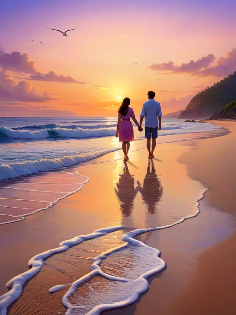  A couple held hands and walked along the quiet beaches, and their footprints remained on the soft beaches in the sunset. The sky is coloured by orange, pink and purple colours, and their feet are softly hit by calm waves. They are surrounded by the calm of the sea and by the beauty of the sunset。