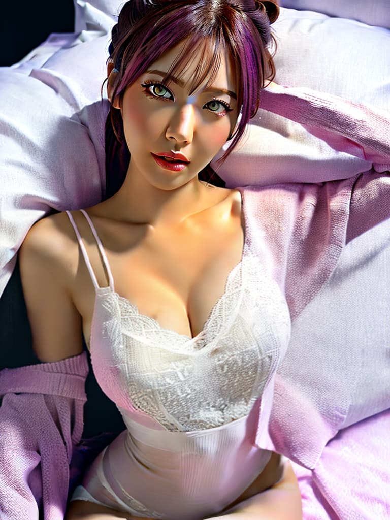  Female, pink hair, ponytail on each side of the head, ends at the neck, upper body lying on a white bed, no clothes, and,, standing on the bed, white stockings to the calf, pink eyes, a tall nose, a delicate face, a straight chest with, a in the middle of the, She her female genitals hyperrealistic, full body, detailed clothing, highly detailed, cinematic lighting, stunningly beautiful, intricate, sharp focus, f/1. 8, 85mm, (centered image composition), (professionally color graded), ((bright soft diffused light)), volumetric fog, trending on instagram, trending on tumblr, HDR 4K, 8K