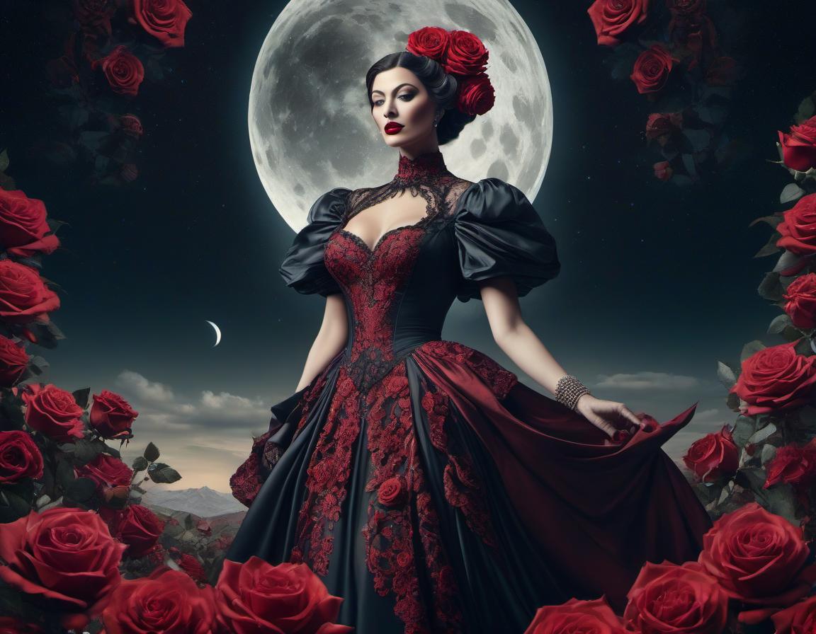  surrealist art An elaborate digital artwork of a woman in vintage attire with roses and a lunar backdrop. . dreamlike, mysterious, provocative, symbolic, intricate, detailed hyperrealistic, full body, detailed clothing, highly detailed, cinematic lighting, stunningly beautiful, intricate, sharp focus, f/1. 8, 85mm, (centered image composition), (professionally color graded), ((bright soft diffused light)), volumetric fog, trending on instagram, trending on tumblr, HDR 4K, 8K