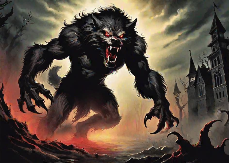  Create a chilling image of an evil werewolf emerging from the depths of hell. The werewolf is a grotesque and terrifying creature, with matted fur, gnarled claws, and glowing red eyes. Its body is twisted and contorted, reflecting its malevolent nature. The werewolf stands tall on two hind , exuding an aura of darkness and power. Its fangs are sharp and dripping with , ready to tear into its unfortunate victims. Flames flicker around the werewolf, casting an eerie glow that highlights its demonic features. The environment around the werewolf is a nightmarish representation of hell, with flames, smoke, and twisted shadows adding to the macabre atmosphere. The image should capture the fear and horror invoked by this unholy creature, conveying hyperrealistic, full body, detailed clothing, highly detailed, cinematic lighting, stunningly beautiful, intricate, sharp focus, f/1. 8, 85mm, (centered image composition), (professionally color graded), ((bright soft diffused light)), volumetric fog, trending on instagram, trending on tumblr, HDR 4K, 8K