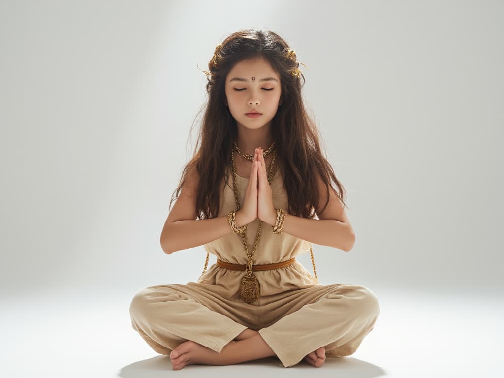  mystic indian chibi like girls doing namaste, exact plain white background hyperrealistic, full body, detailed clothing, highly detailed, cinematic lighting, stunningly beautiful, intricate, sharp focus, f/1. 8, 85mm, (centered image composition), (professionally color graded), ((bright soft diffused light)), volumetric fog, trending on instagram, trending on tumblr, HDR 4K, 8K