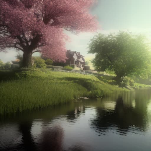 redshift style white flower tree next to large river, , lush green, some cute house