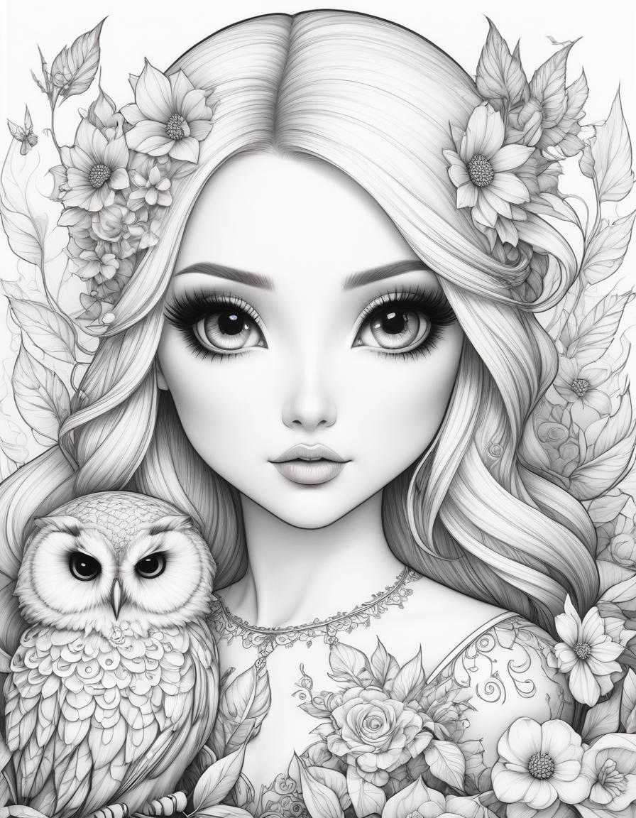  ((coloring page on a white background)), sticker, black lines on a white background, {Fairy tale, magical characters a girl and her big owl sit next to each other and dreamily look at the beautiful flowers in the garden.)) in the fantasy genre, ( (doll in Naoto Hattori style)) }, drawing with a black marker on a white background, mysticism, fairy tale, fantasy, good detail, good drawing, cartoon style, clear outline, attractiveness, by Jasmine Becket Griffith hyperrealistic, full body, detailed clothing, highly detailed, cinematic lighting, stunningly beautiful, intricate, sharp focus, f/1. 8, 85mm, (centered image composition), (professionally color graded), ((bright soft diffused light)), volumetric fog, trending on instagram, trending on tumblr, HDR 4K, 8K