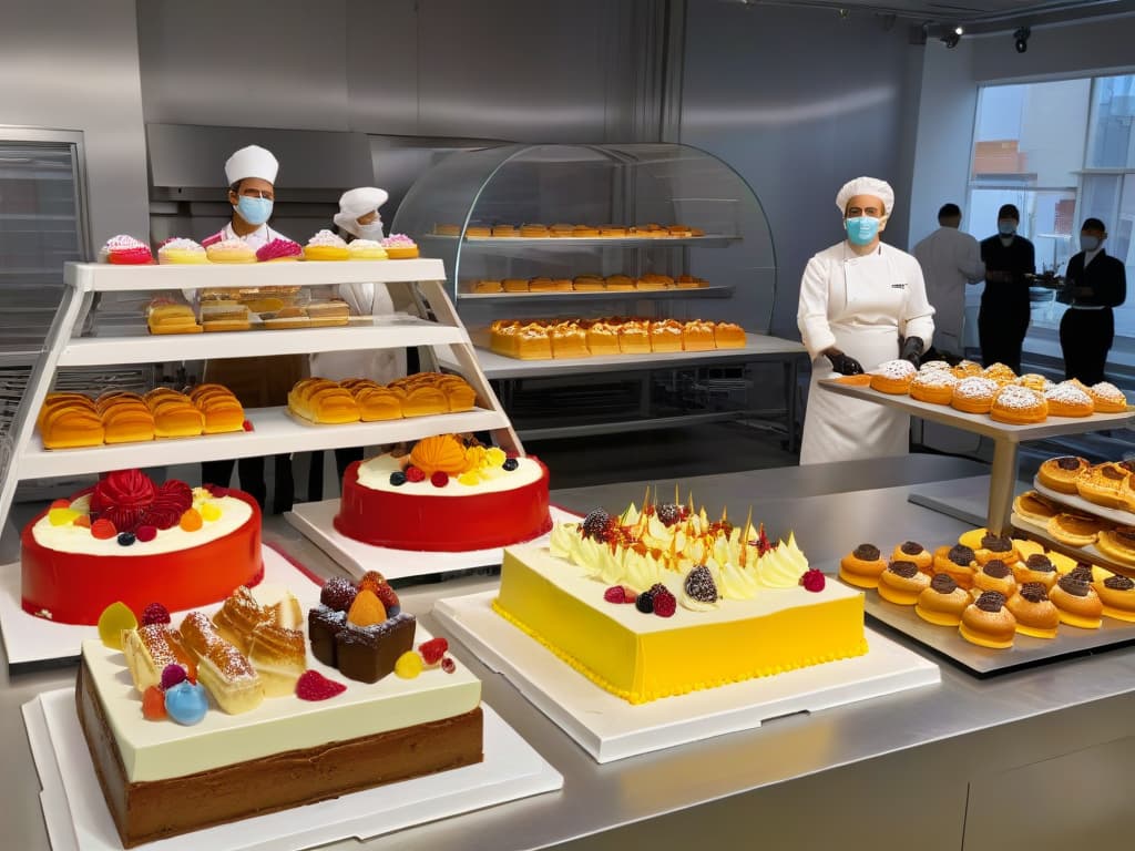  A photorealistic image of a bustling bakery competition postCOVID era, with contestants wearing masks and gloves while showcasing their innovative pastry creations. The scene is filled with colorful cakes, pastries, and intricate dessert displays, set against a backdrop of modern safety measures such as hand sanitizing stations and social distancing markers. The contestants are focused and determined, exuding a sense of creativity and resilience in adapting to the new normal. hyperrealistic, full body, detailed clothing, highly detailed, cinematic lighting, stunningly beautiful, intricate, sharp focus, f/1. 8, 85mm, (centered image composition), (professionally color graded), ((bright soft diffused light)), volumetric fog, trending on instagram, trending on tumblr, HDR 4K, 8K