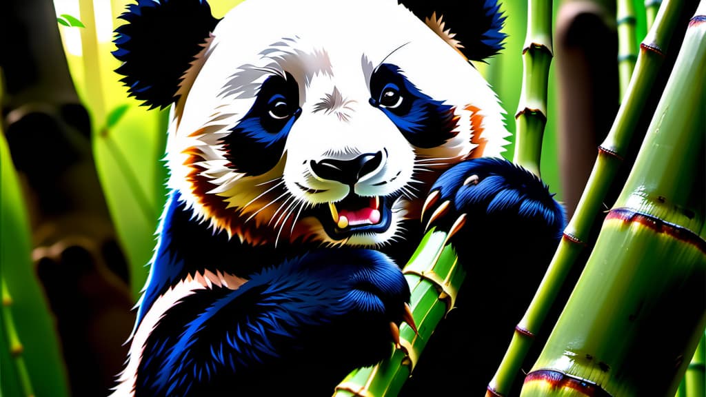  A close-up view of a Panda's paw, showing the unusual sixth thumb while gripping a bamboo stalk.  , ((realistic)), ((masterpiece)), focus on detailed clothing and atmosphere of the surroundings. Soft and natural lights.