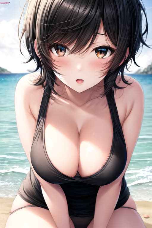  cute anime girl on beach,short black hair,brown eyes,tight t-string,girl, masterpiece, best quality, extremely detailed background, illustration, beautiful detailed, dramatic light, gorgeous eyes, solo