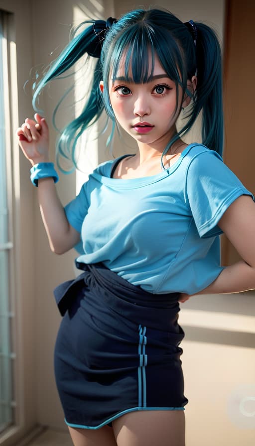  Blue hair, cute, twin tails, beautiful girls, (Masterpiece, BestQuality:1.3), (ultra detailed:1.2), (hyperrealistic:1.3), (RAW photo:1.2),High detail RAW color photo, professional photograph, (Photorealistic:1.4), (realistic:1.4), ,professional lighting, (japanese), beautiful face, (realistic face)