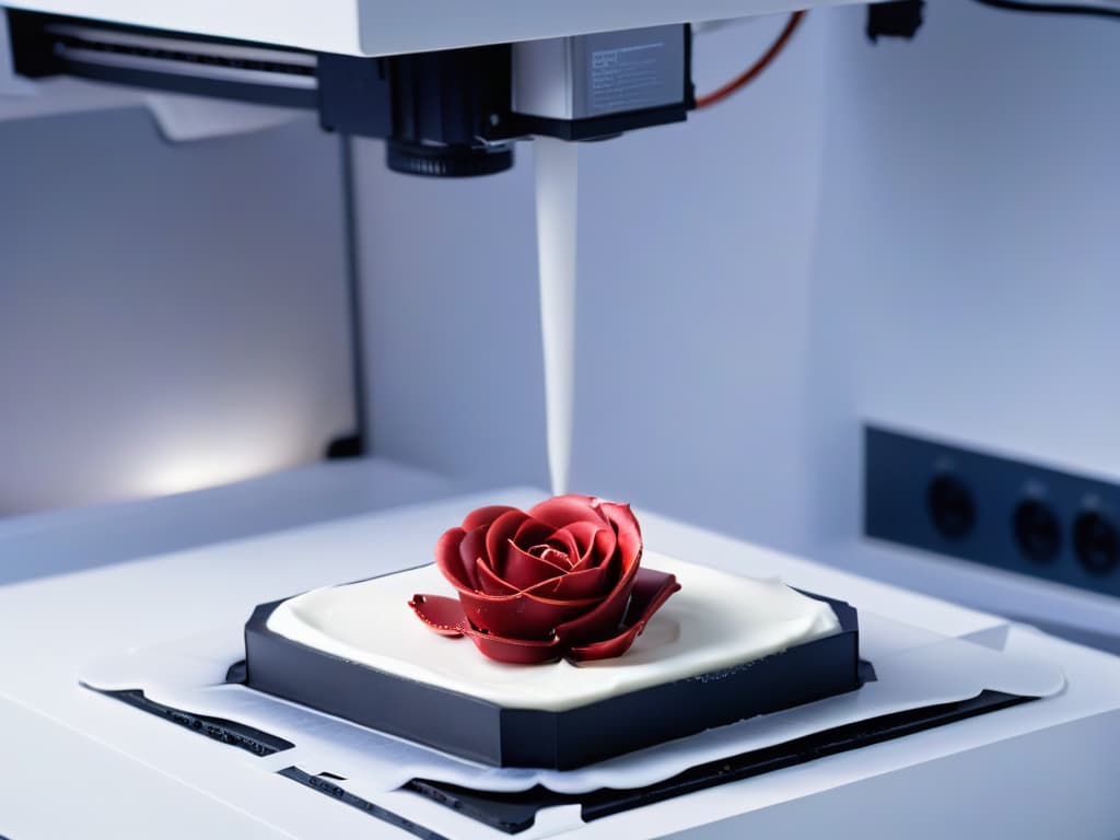  An ultradetailed 8k image of a sleek, futuristic 3D printer specifically designed for creating intricate and delectable dessert creations. The printer is in action, meticulously crafting a delicate sugar sculpture of a blooming rose with precision and artistry. The background is a soft focus to emphasize the elegance and sophistication of the cuttingedge technology at work, showcasing the seamless fusion of culinary artistry and modern innovation in the realm of pastrymaking. hyperrealistic, full body, detailed clothing, highly detailed, cinematic lighting, stunningly beautiful, intricate, sharp focus, f/1. 8, 85mm, (centered image composition), (professionally color graded), ((bright soft diffused light)), volumetric fog, trending on instagram, trending on tumblr, HDR 4K, 8K