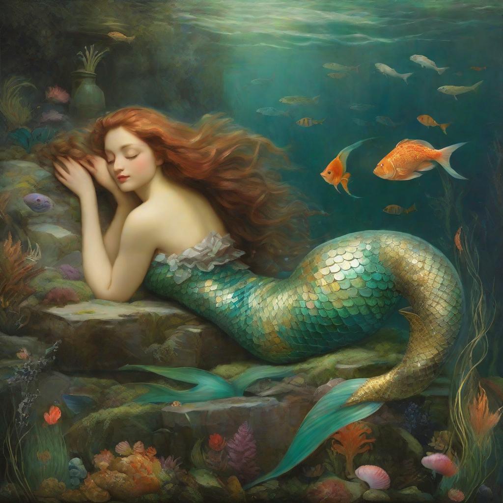  masterpiece, best quality, mermaid sleeping on Simmons