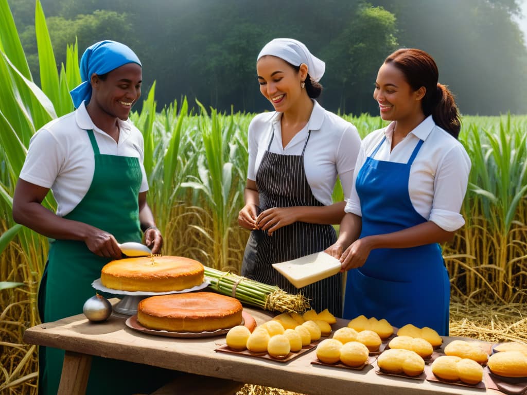  An ultradetailed image of a diverse group of smiling farmers and bakers working together in a sunlit field, harvesting sugar cane and baking delicious pastries side by side. The scene captures the essence of fair trade and ethical baking practices, with each individual showcasing a sense of pride and cooperation in their craft. The image conveys a message of unity, sustainability, and the shared journey towards a more ethical and equitable food industry. hyperrealistic, full body, detailed clothing, highly detailed, cinematic lighting, stunningly beautiful, intricate, sharp focus, f/1. 8, 85mm, (centered image composition), (professionally color graded), ((bright soft diffused light)), volumetric fog, trending on instagram, trending on tumblr, HDR 4K, 8K