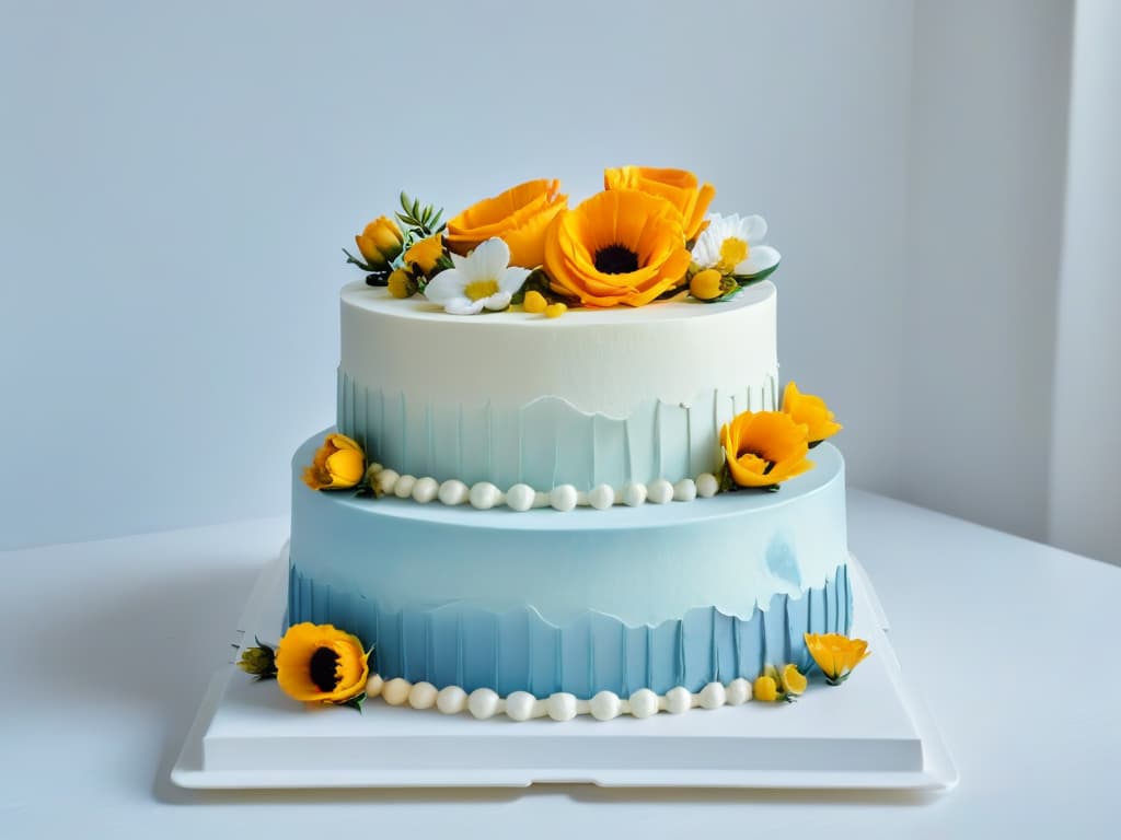  A minimalistic image of a beautifully decorated multitiered cake, with intricate floral details and elegant piping work, displayed on a simple white cake stand against a clean, uncluttered background. hyperrealistic, full body, detailed clothing, highly detailed, cinematic lighting, stunningly beautiful, intricate, sharp focus, f/1. 8, 85mm, (centered image composition), (professionally color graded), ((bright soft diffused light)), volumetric fog, trending on instagram, trending on tumblr, HDR 4K, 8K