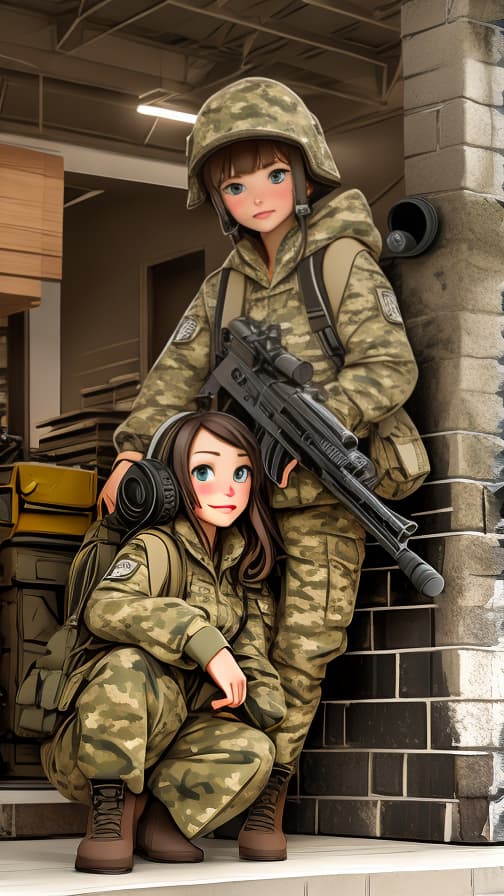  Camouflage clothing two heads full body machine gun fighting girl cute