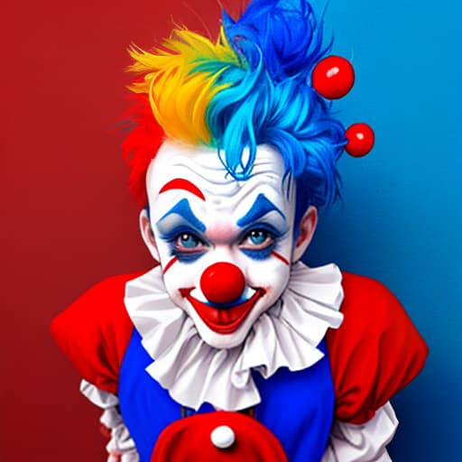  a cute clown with blue hair and a red nose with a normal blue and red outfit