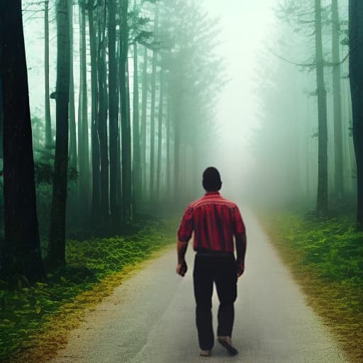  A man walks along a road in a forest in fog view from the back. and the men wearing the shirt with the name "BABY MURUK"