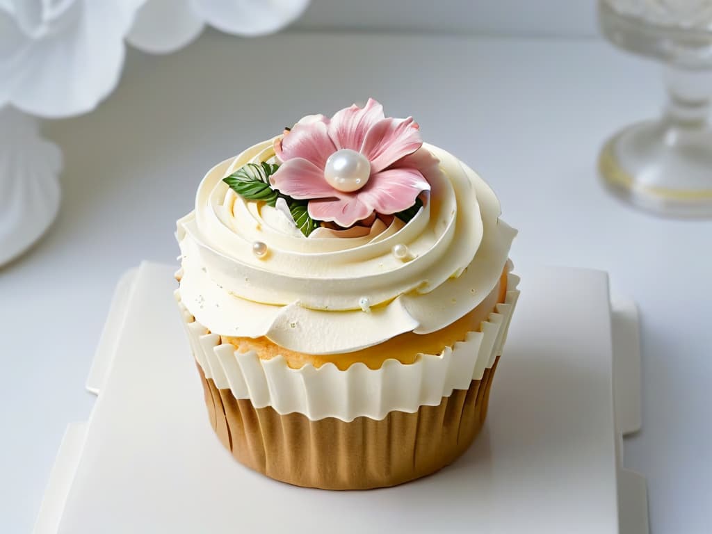  An 8k ultradetailed image of a delicate highfashion cupcake adorned with intricate sugar flowers and edible gold leaf, set against a pristine white background. The cupcake features a perfect swirl of pastel pink buttercream and is elegantly decorated with tiny pearls and shimmering silver dragees. The meticulous details of the frosting and decorations showcase the artistry and sophistication of haute couture cupcake design. hyperrealistic, full body, detailed clothing, highly detailed, cinematic lighting, stunningly beautiful, intricate, sharp focus, f/1. 8, 85mm, (centered image composition), (professionally color graded), ((bright soft diffused light)), volumetric fog, trending on instagram, trending on tumblr, HDR 4K, 8K