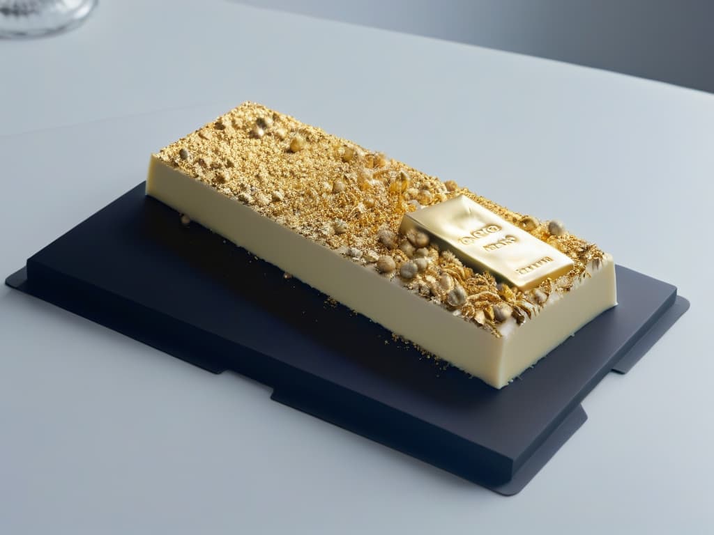  A luxurious, minimalistic image of a perfectly tempered white chocolate bar placed on a sleek, matte black surface. The chocolate bar is adorned with delicate flakes of gold leaf, and a soft, focused spotlight illuminates its smooth, glossy surface, highlighting the intricate details of its craftsmanship. The background is a subtle gradient from deep indigo to midnight black, creating a sense of depth and elegance that perfectly complements the sophisticated tone of the article. hyperrealistic, full body, detailed clothing, highly detailed, cinematic lighting, stunningly beautiful, intricate, sharp focus, f/1. 8, 85mm, (centered image composition), (professionally color graded), ((bright soft diffused light)), volumetric fog, trending on instagram, trending on tumblr, HDR 4K, 8K