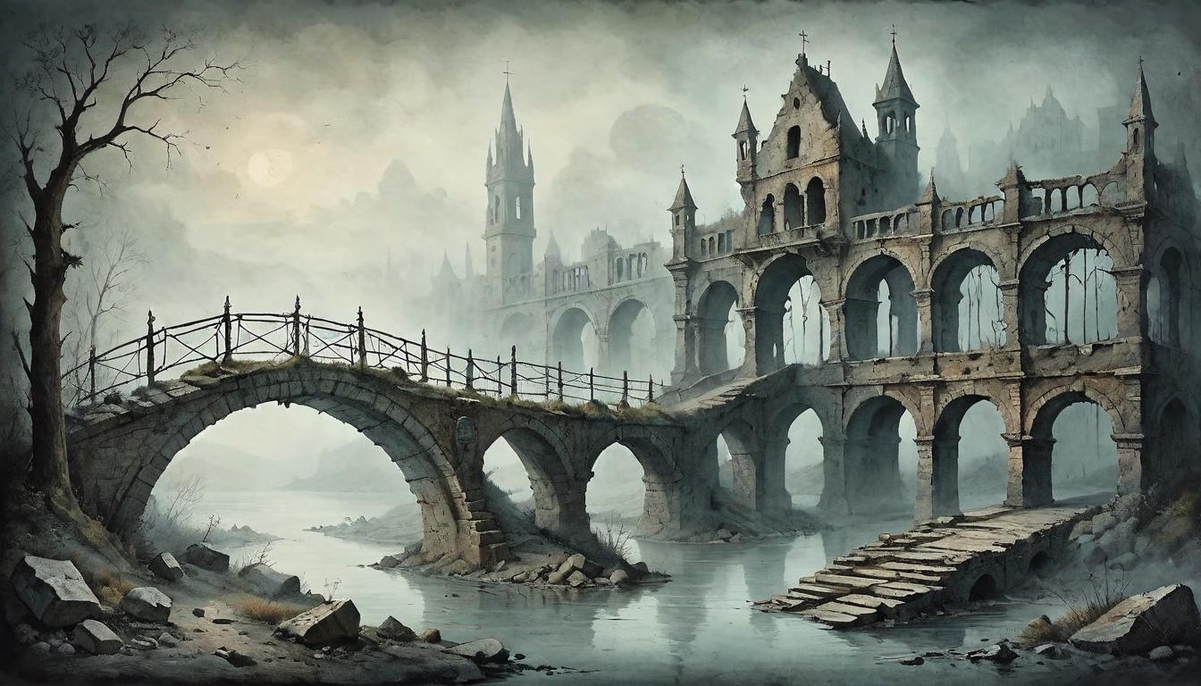  on parchment, surrealism+++, Half of a bridge in ruins, the gap between the two ends symbolizing lost connections, the remnants shrouded in fog. Crumbling architecture, missing stones depict gradual decay, misty atmosphere, sense of abandonment, faded memories, ghost of interactions past.(mysterious, provocative, symbolic,muted color)+++